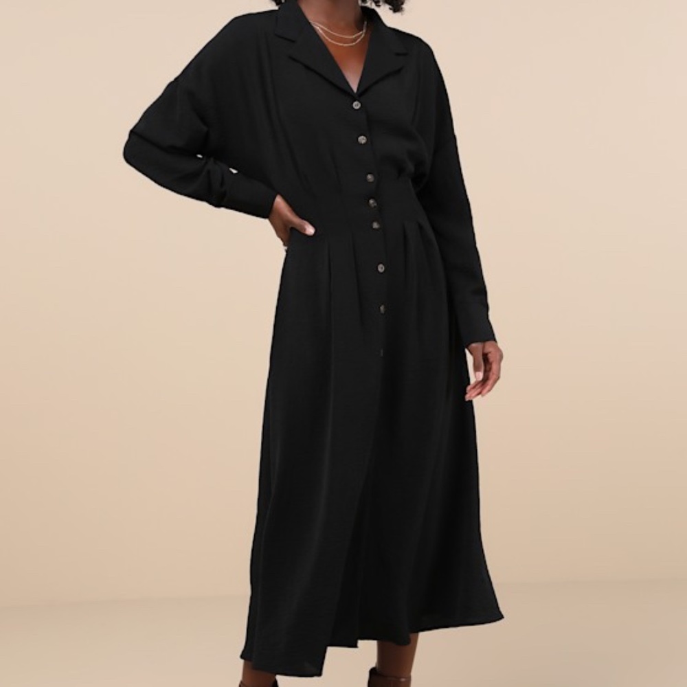 Lulus Timeless Class Black Collared Button-up Pleated Midi Dress - Size S